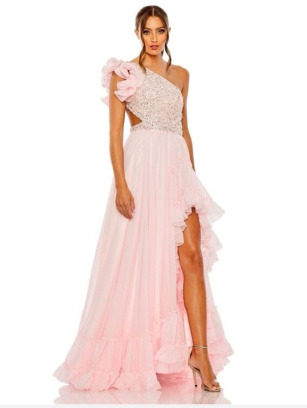 One-Shoulder Pink Ruffle High-Slit Evening Gown Mac Duggal 68480